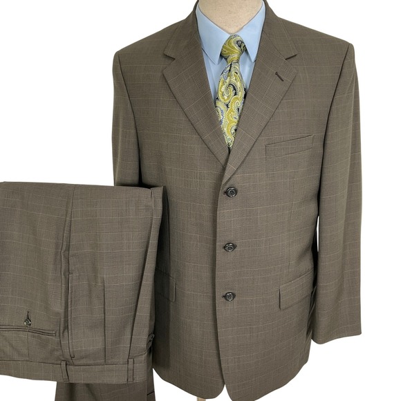 Jos A Bank Suit Men 42R 34W 31L Brown Pink Prince Edward Plaid Mitchell 3 Button - Picture 1 of 16
